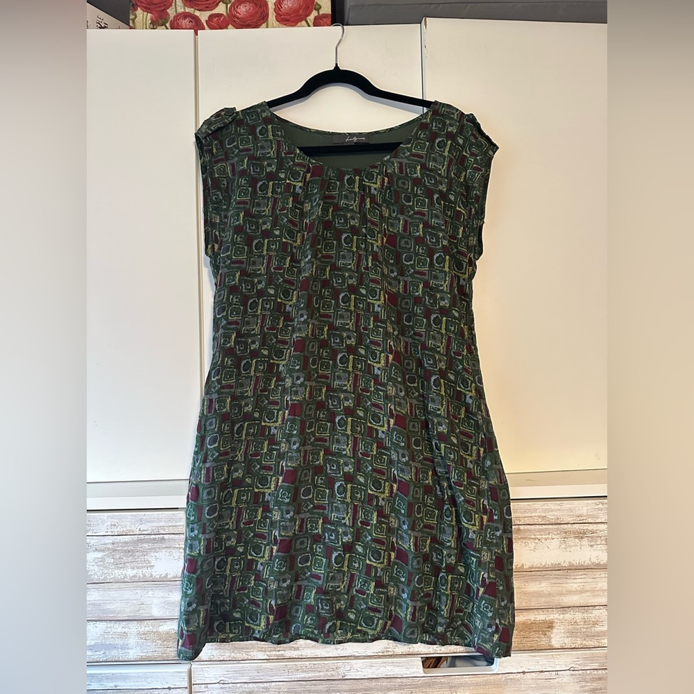 👗 Olive Green Geometric Print Lined Pocket Dress L/G